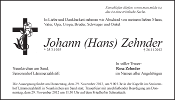 Traueranzeige von Johann Zehnder von Pegnitz-Zeitung
